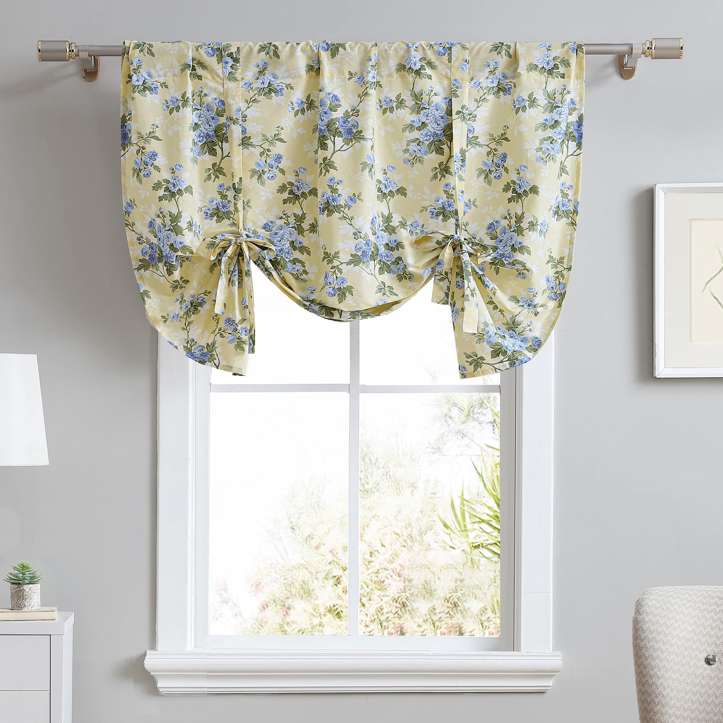 Laura Ashley - Cotton Pole Top Valance, Stylish & Lightweight Window Treatment for Home Decor (Cassidy Yellow, 50" x 25")