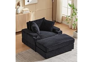 Eafurn Oversized Chaise Lounge Sofa Chair with Movable Ottoman, 43.3" W Corduroy Upholstered Convertible Sleeper Corner Sofabed with Detachable Seat&Back Cushion for Living Room Office