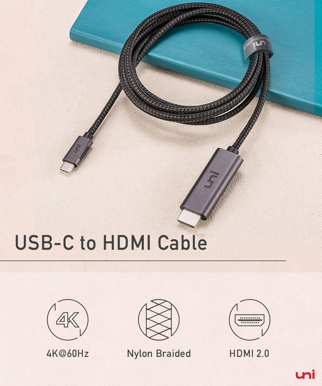 USB C to HDMI Cable for Home Office | 6ft 4K@60Hz, uni USB Type C to HDMI Cable [Thunderbolt 3 Compatible] for MacBook Pro 2020/2019, MacBook Air/iPad Pro 2020, Surface Book 2, Galaxy S20, and More: Electronics