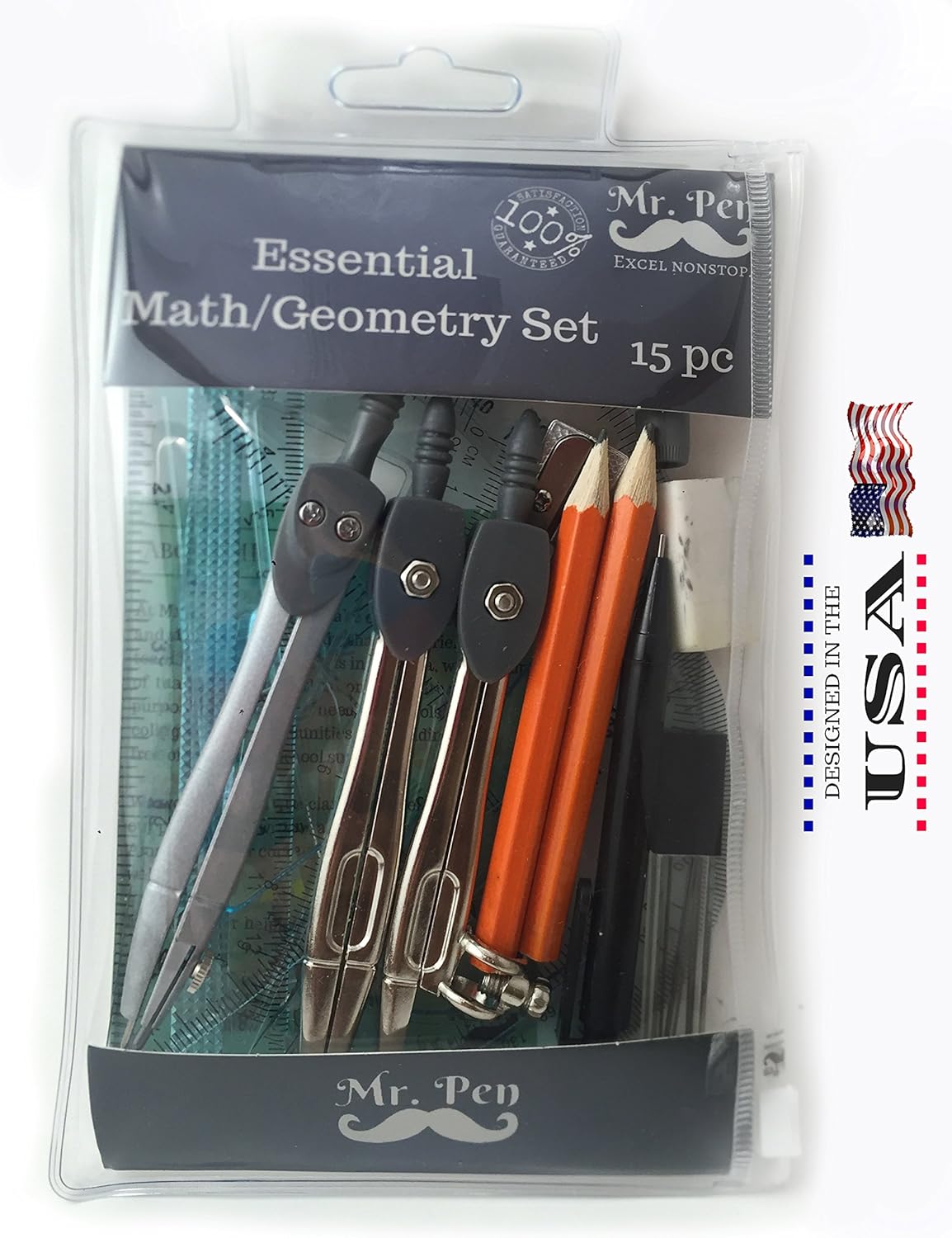 Mr. Pen Geometry Set with 6 Inch Swing Arm Protractor, Divider, Set Squares, Ruler, Compasses and Protractor, 15 Piece Set : Office Products