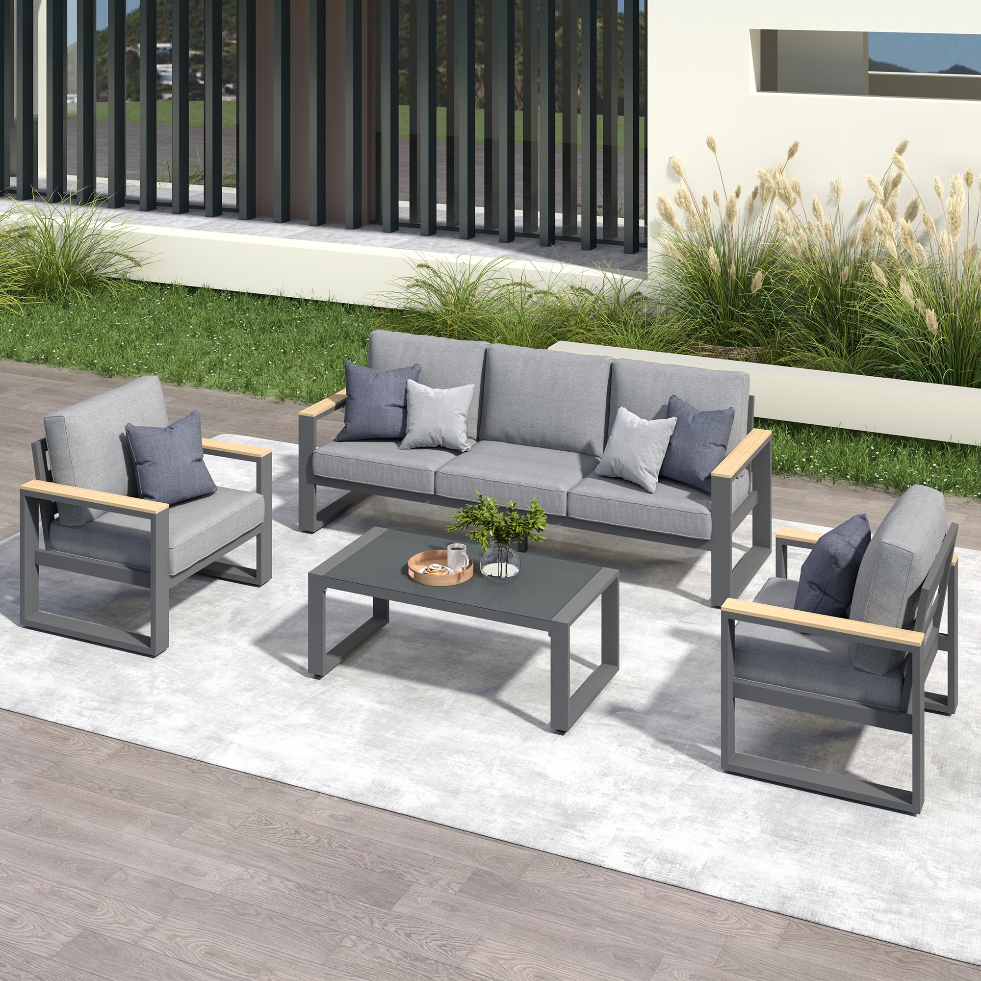 Photo 1 of **MISSING PIECES**
Aluminum Outdoor Patio Furniture Set with Height-adjustable Footrest for Lawn Porches Patio, 5-Seats All-weather Patio Sofa Sets with Coffee Table, Modern Outdoor Patio Conversation set, Grey