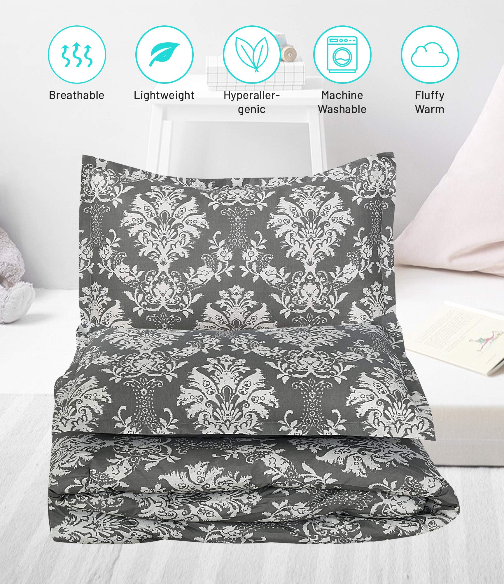 Ruvanti All Season Queen Comforter Set with 2 Pillow Shams - Luxurious Goose Down Alternative Comforter - Soft and Comfortable Hypo Allergenic Reversible Duvet Insert - Dark Grey - Machine Washable