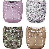 Nora's Nursery Cloth Pocket Diapers 4 Pack with 4 Inserts - Waterproof Cover, Washable, Reusable & One Size Adjustable Pocket Diapers for Newborns and Toddlers - Meadow