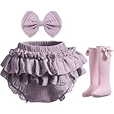 Purbasvi Newborn Infant Baby Girl Cotton Bloomers and Bows Toddlers Ruffle Shorts Diaper Covers Headband Set