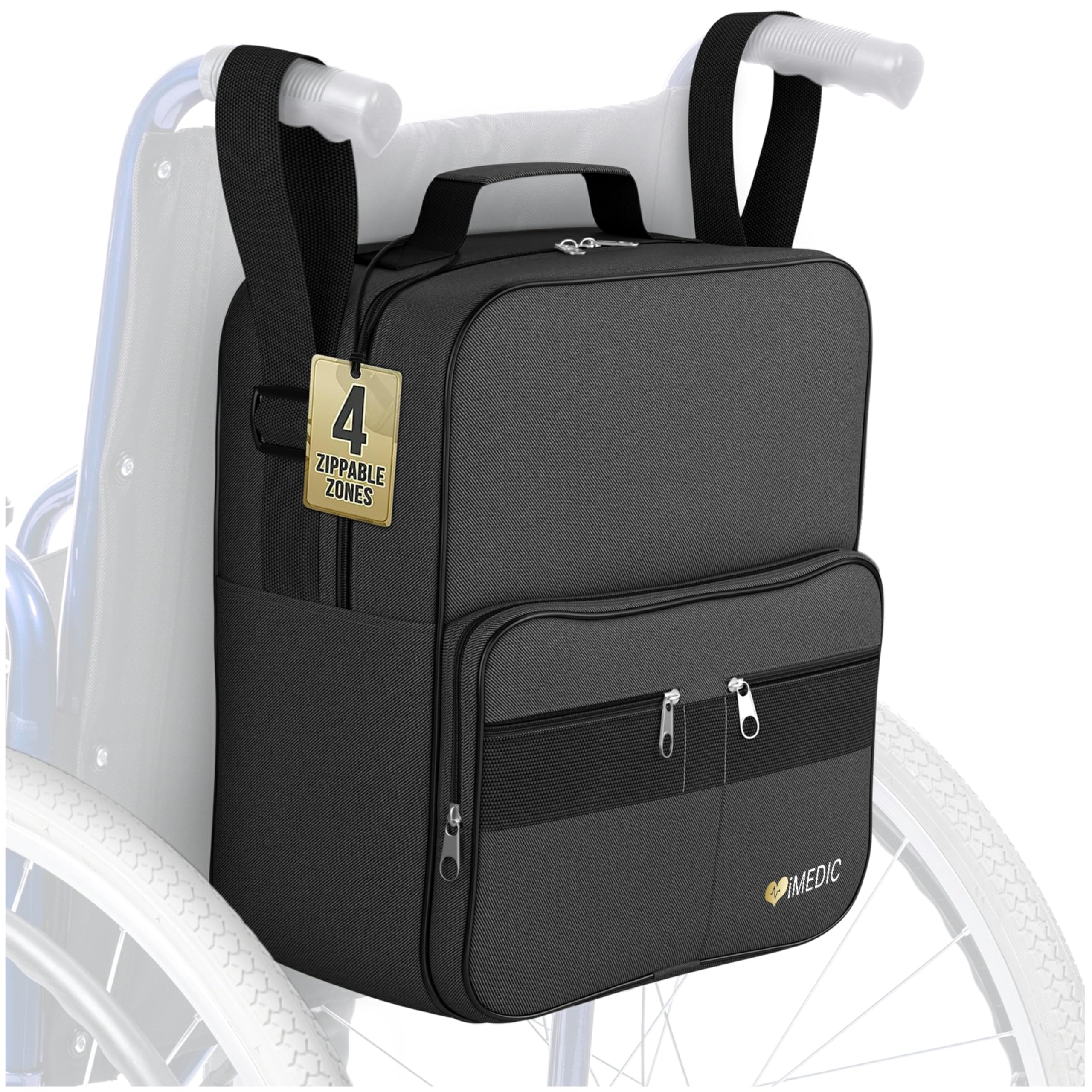 iMedic Deluxe Wheelchair Bag, Black Wheelchair Backpack for Back of Chair with Dimensions of H37 x W33 x D18cm, Storage Bag for Electric Wheelchairs & Mobility Scooters
