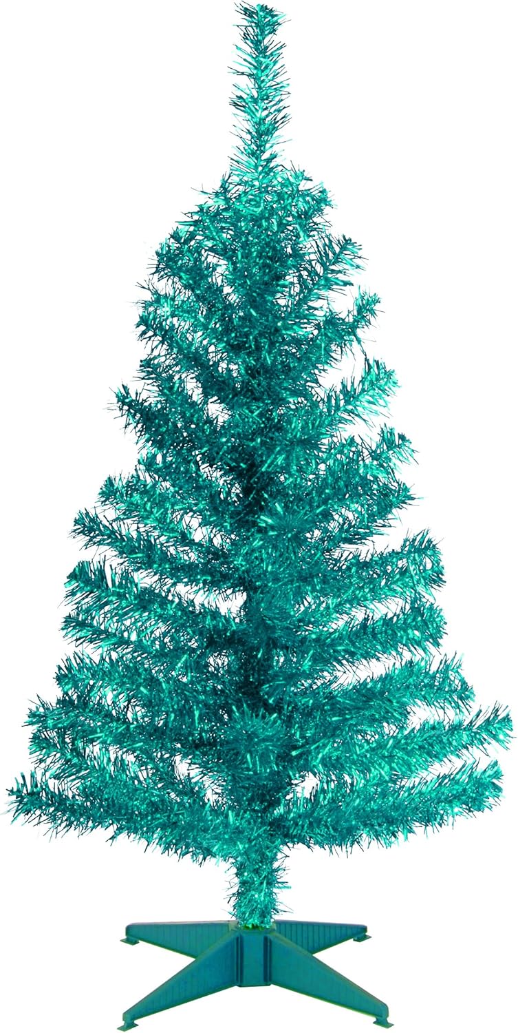 National Tree Company Artificial Christmas Tree | Includes Stand | Turquoise Tinsel - 3 ft