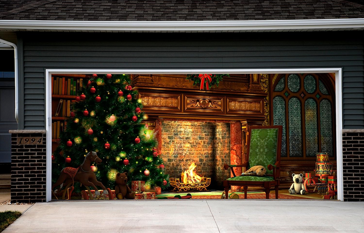 WallTattooHome Christmas Fireplace 2 Car Garage Door Covers Banners Outdoor Garage Door