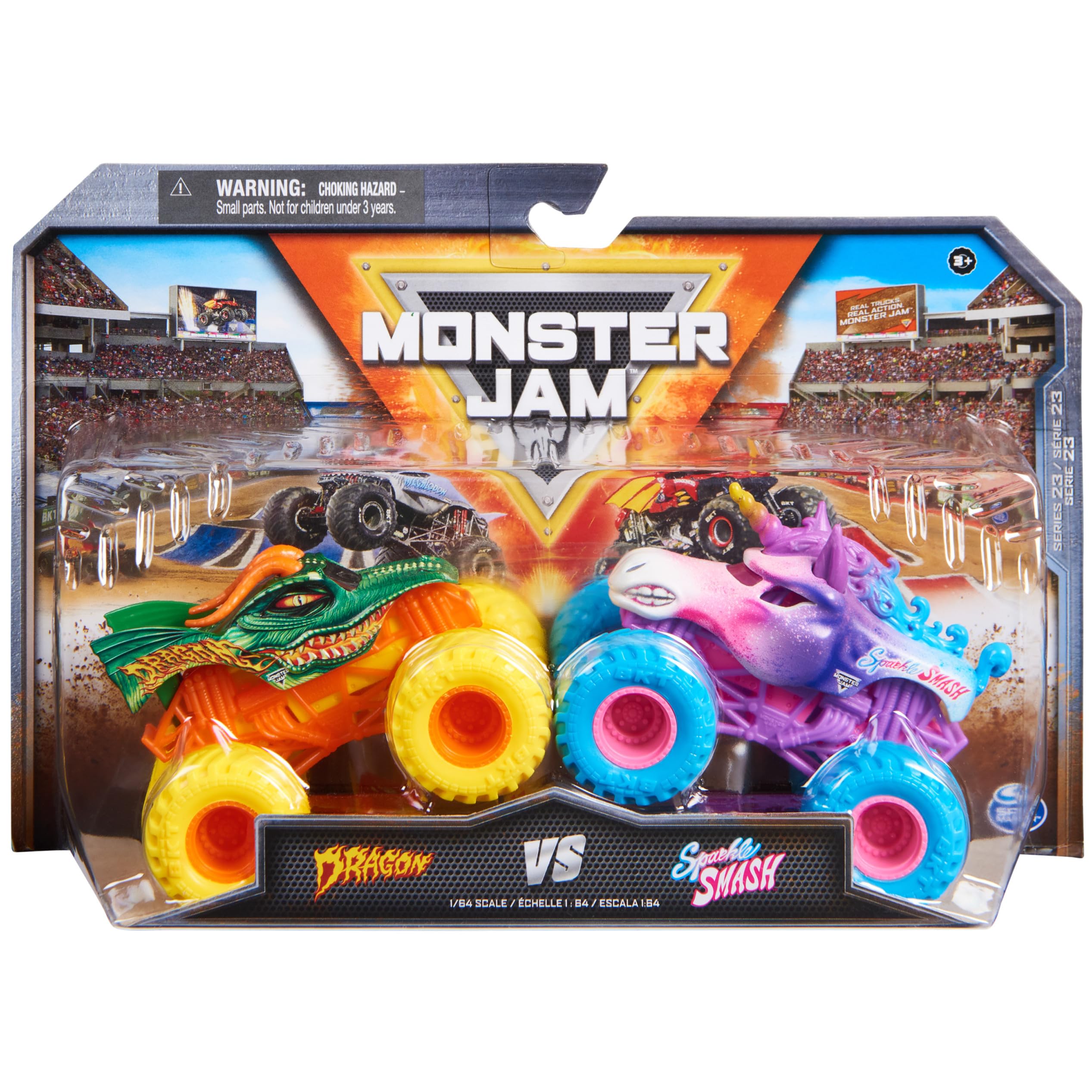 Monster Jam, Official Dragon Vs. Sparkle Smash Die-Cast Monster Trucks, 1:64 Scale, Kids Toys for Boys Ages 3 and up
