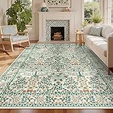 8x10 Area Rugs Living Room Rug - Floral Vintage Forest Washable Carpet, Low Pile Non-Slip Stain Resistance Boho Soft Large Carpet for Bedroom, Dining Room, Office, Farmhouse (8'x10' Beige Green)
