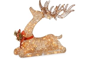 National Tree Company Pre-lit Artificial Christmas Décor | Includes Pre-strung White LED Lights and Ground Stakes | Sisal Splendor Champagne Lying Deer - 4 ft