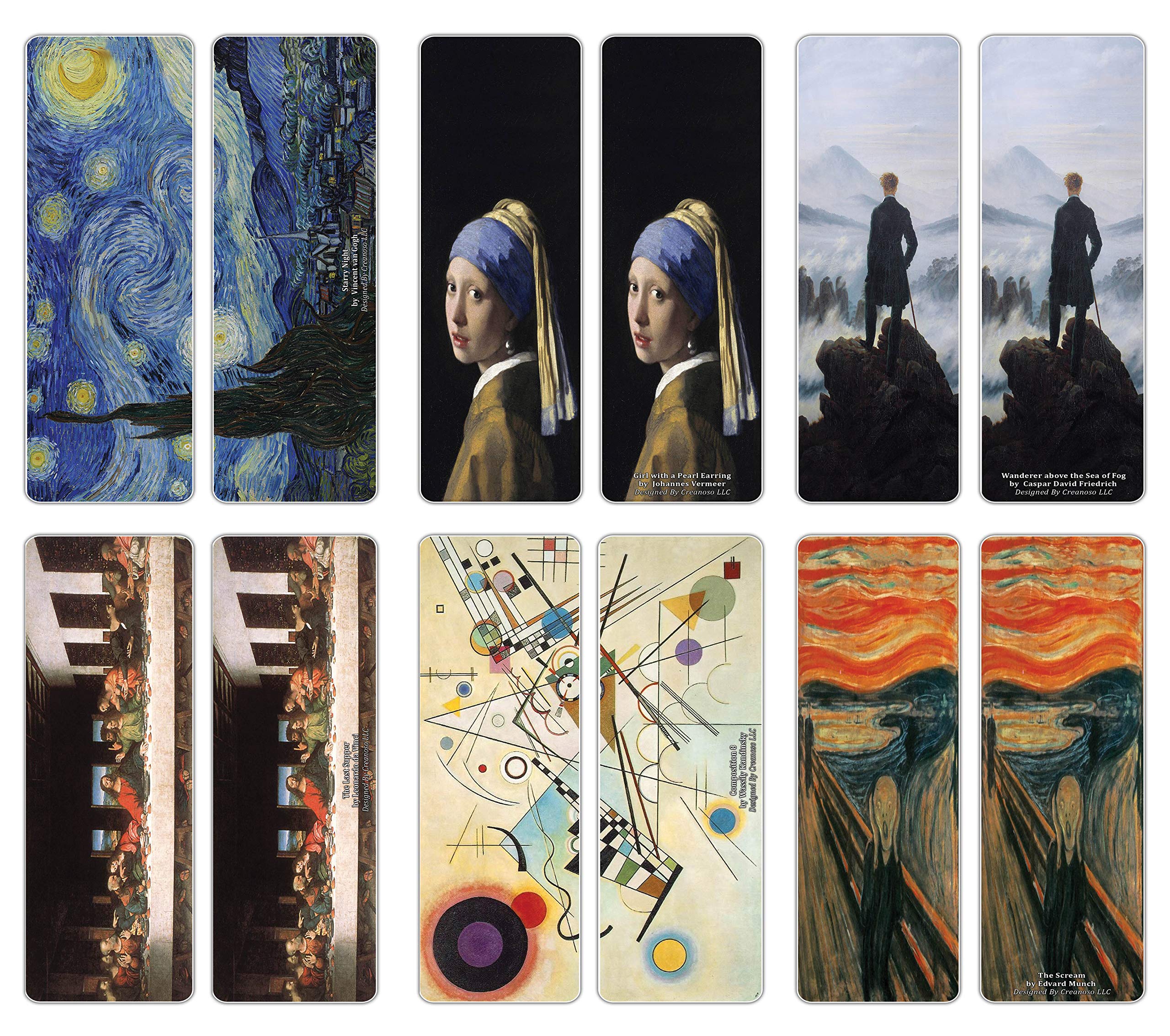 Creanoso Famous Classic Arts Series 2 Bookmarks (60-Pack) - Van Gogh, Leonardo Da Vinci, Edvard Munch, Johannes Vermeer, Caspar David Friedrich, Wassily Kandinsky – Wall Decor Art Bookmarkers