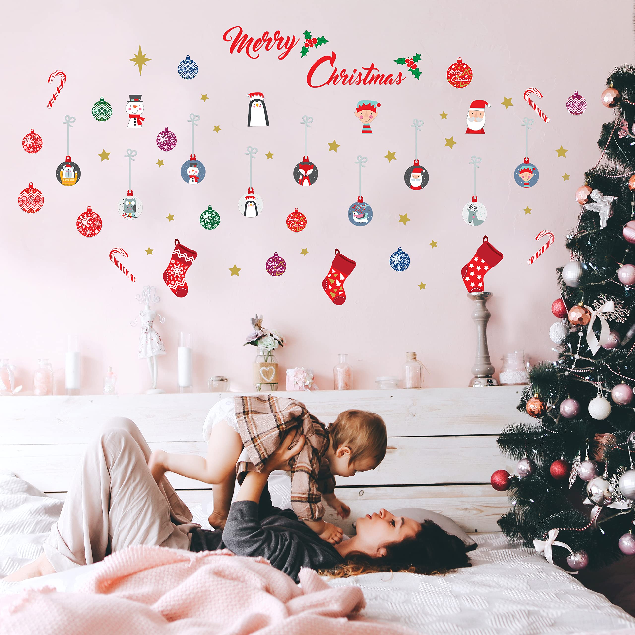 WALPLUS Wallplus Christmas Decorations Wall Stickers Merry Christmas Decoration Set Wall Murals Decals Living Room Children Nursery Décor Merry Christmas with Bubble Friends