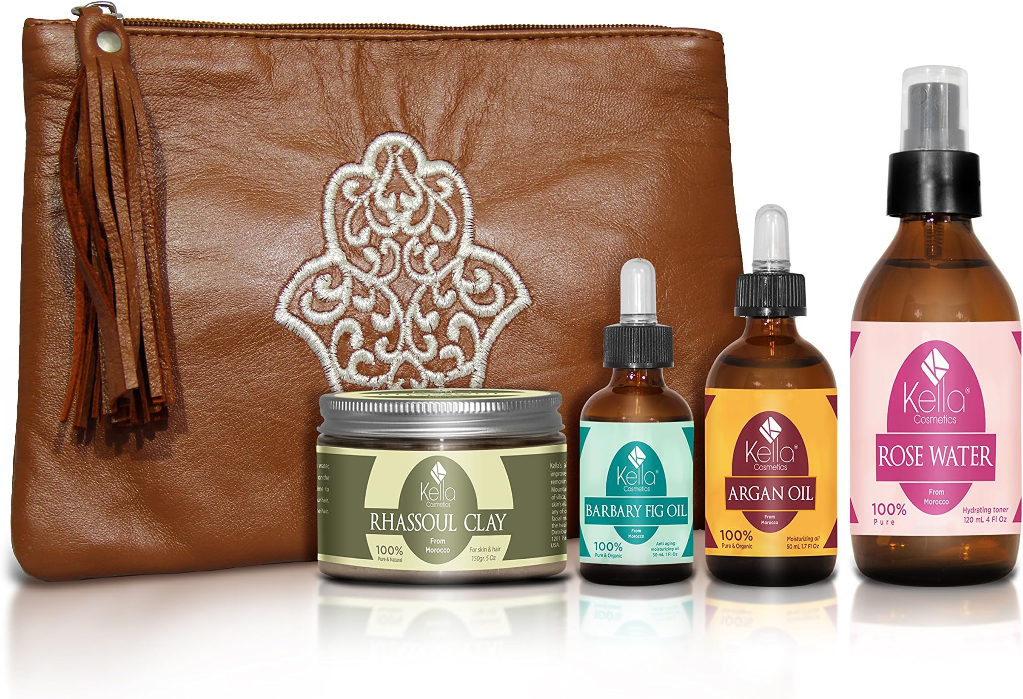 Kella Cosmetics Complete Gift Set, (4 Products) : Argan Oil 1.7oz, Fig Seed Oil 1oz, Rose Water 4oz, Rhassoul Clay 150gr. FREE 3 Leather bags.
