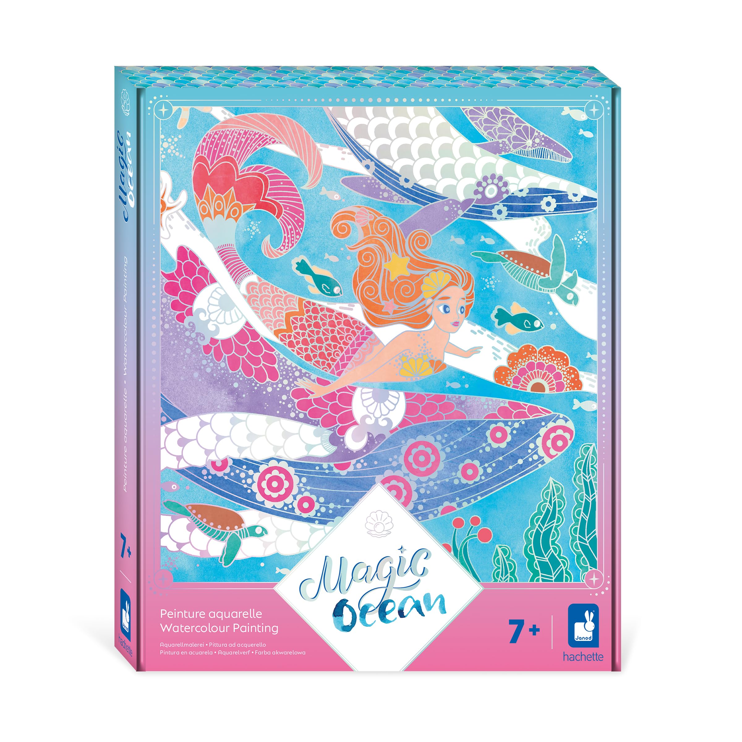Janod - 4 Paintings with Silver Lines - Watercolor Painting - Mermaid Theme - Magic Ocean - Children's Creative Leisure Kit - Learning Fine Motor Skills and Concentration - from 7 Years Old - J09107