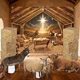 Hahafelt 10 Pcs Christmas Nativity Stable Scene Decorations Set | 8x6 ft Manger Scene Backdrop Birth of Jesus Banner Hay Bales Box Manger Animal Cardboard for Holy Family Farm Photo Prop
