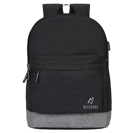 Kossh Anti-Theft Mens and Womens Canvas Laptop Backpack with USB Charging Port (Black)