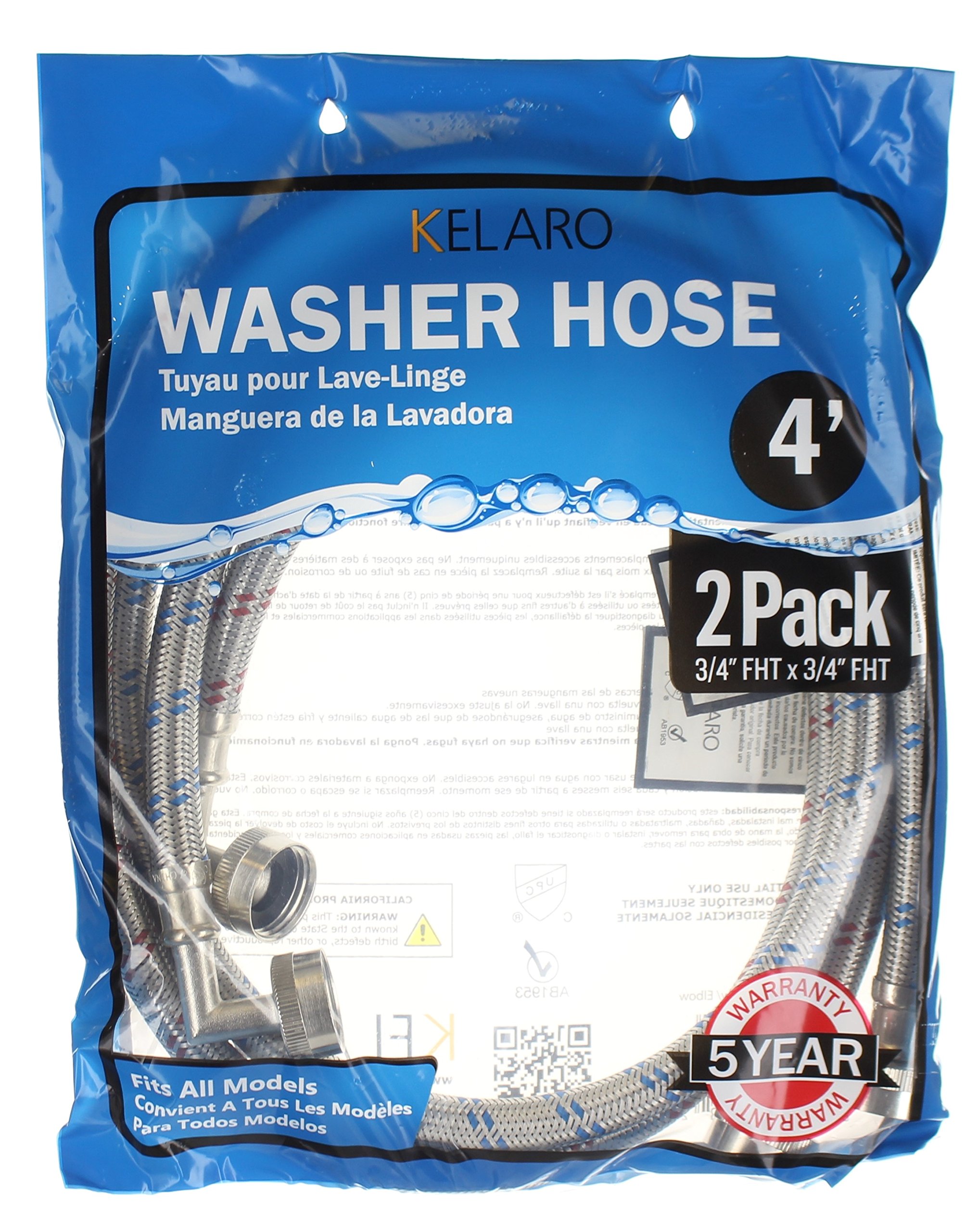 Premium Stainless Steel Washing Machine Hoses with 90 Degree Elbow, 4 Ft Burst Proof (2 Pack) Red and Blue Water Connection Inlet Supply Lines by Kelaro