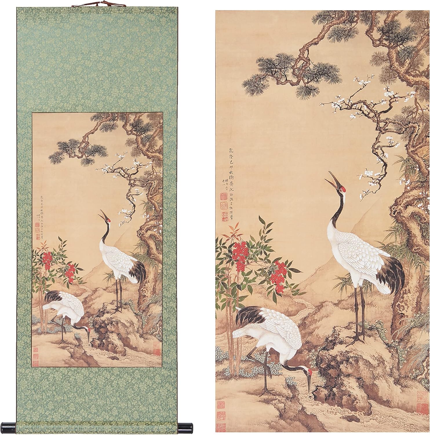 Paintings - Xzhipeng Traditional Asian Wall Scroll Printed Painting Chinese Japanese Crane Pine longevity Symbol Oriental Painting Wall Art Hanging Decoration 43.3x16.5 Inches (C green)