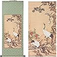 Xzhipeng Traditional Asian Wall Scroll Printed Painting Chinese Japanese Crane Pine longevity Symbol Oriental Painting Wall Art Hanging Decoration 43.3x16.5 Inches (C green)
