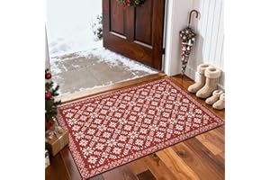 jinchan Knit Look Christmas Rug 2x3 for Entryway Kitchen Small Red Holiday Rug for Porch Bathroom Classic Snowflake Printed Winter Xmas Decor Washable Doormat for Bedroom Non-Slip Ivory on Red