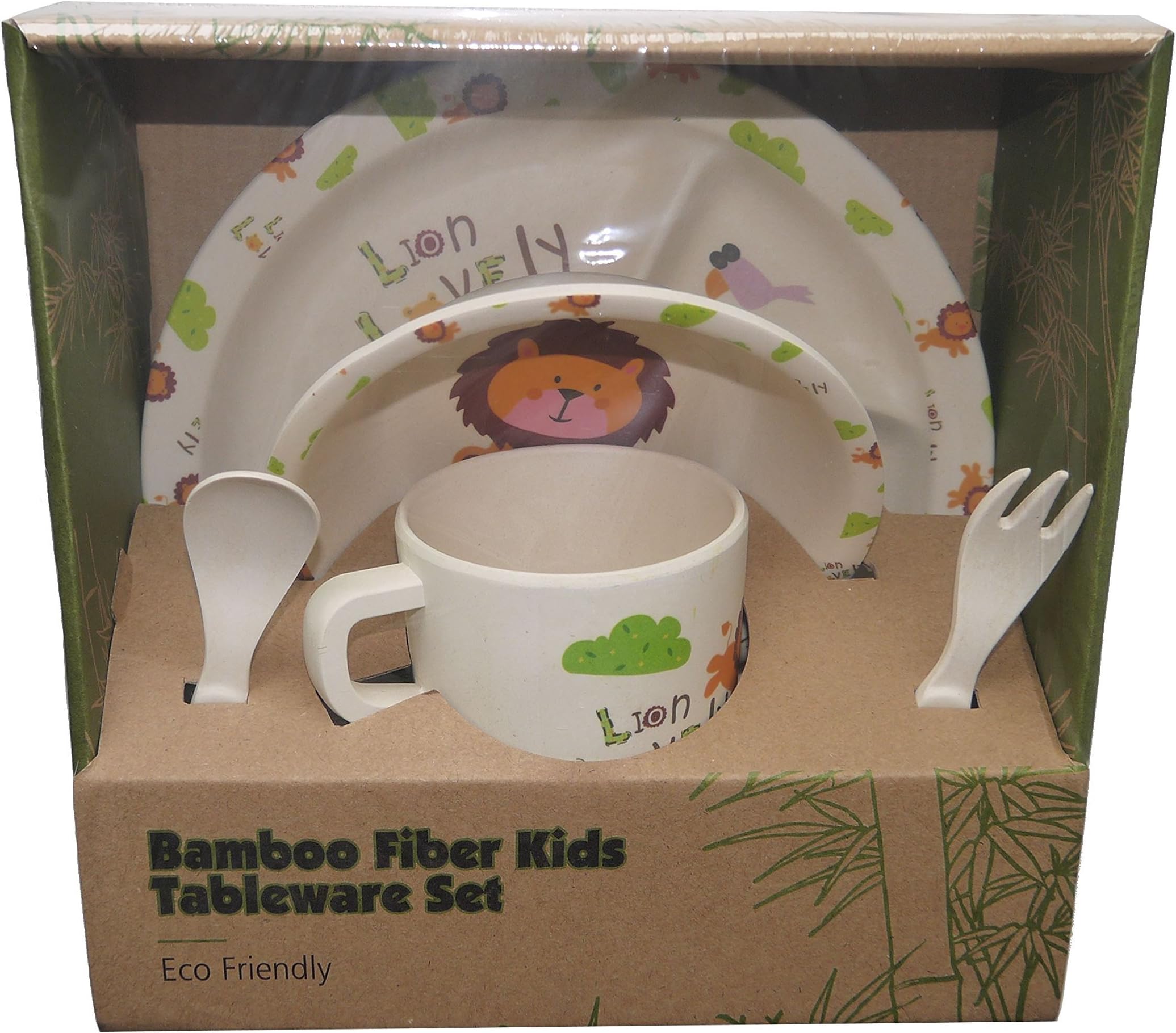 Cute kids bebanino bamboo dinnerware made from bamboo fiber biodegradable toxic-free dish washer safe and eco-friendly. Colorful lion baby/kids dinnerware SET with 5-pieces. Dishes and Cutlery Set.