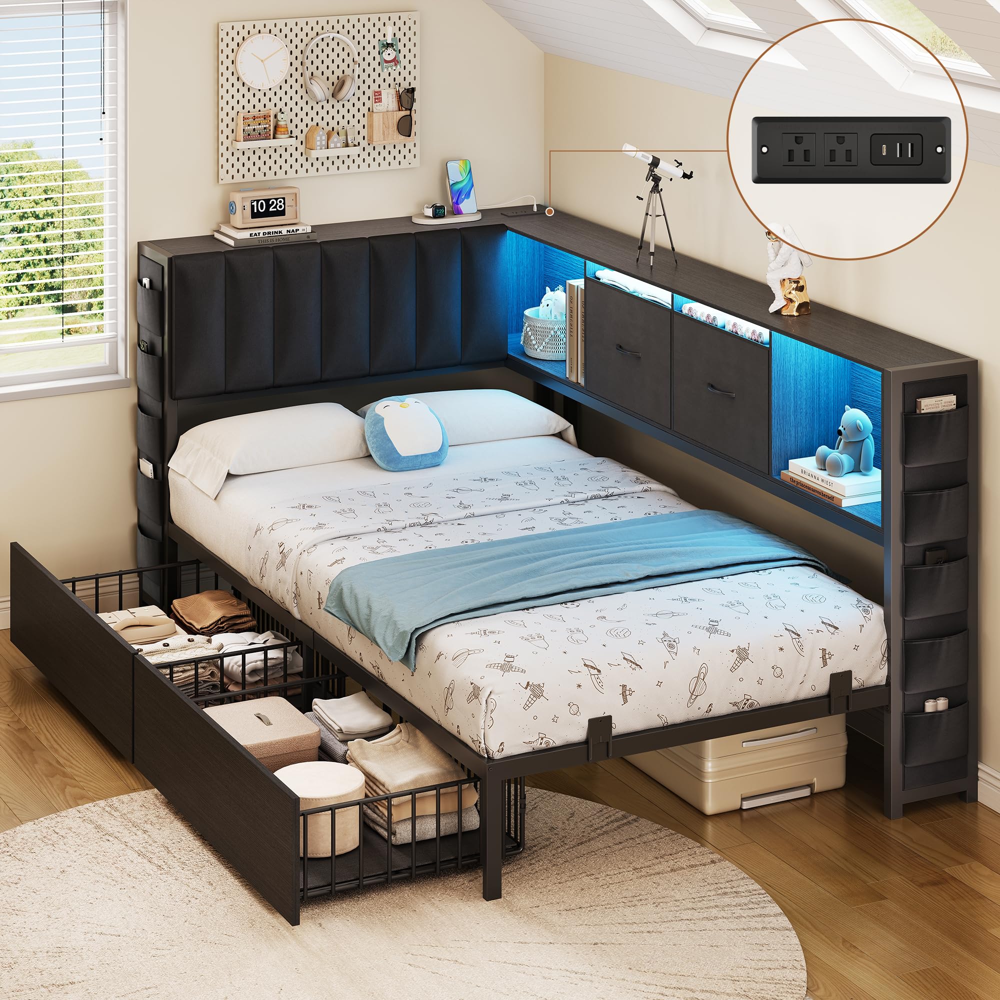 Photo 1 of ***PARTIAL SET - PRICE ADJUSTED*** MapleGrace Twin Corner Bed Frame with Upholstered Storage Headboard and Drawers, Metal Platform Bed Frame with LED Light and Charging Station, Twin Daybed for Living Room, Bedroom & Guest Room, Black