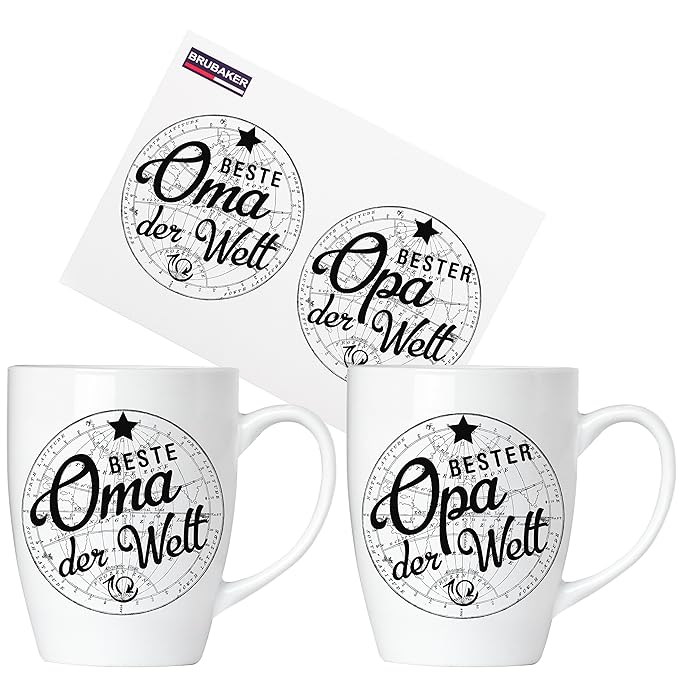 Brubaker 'Beste Oma Bester Opa der Welt' Tassen Set aus Keramik - Grußkarte und Geschenkpackung