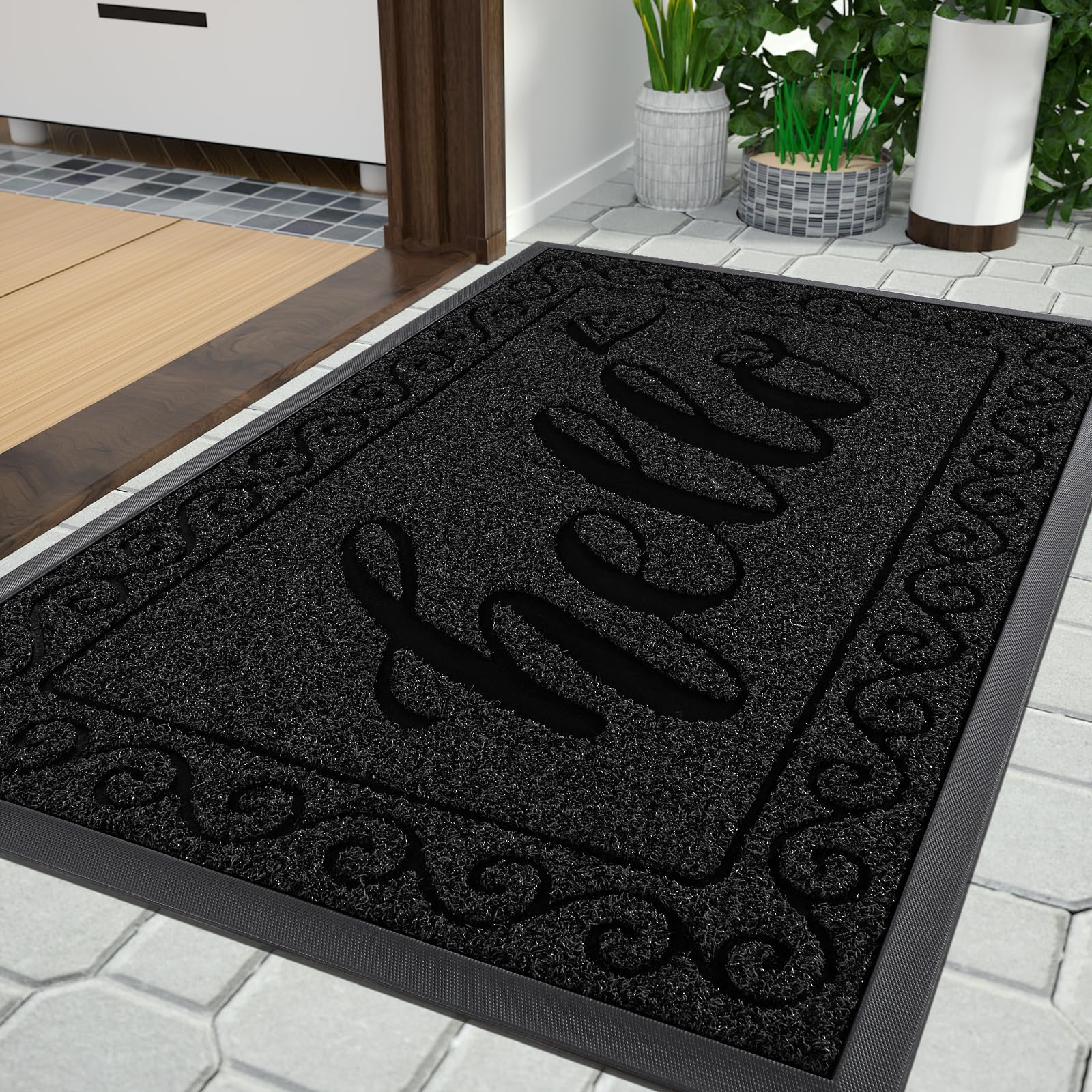 Yimobra Hello Front Door Mat, Heavy Duty Easy Clean Doormat Indoor Outdoor, Waterproof Quick Dry Floor Mat for Home, Garage, Hign Traffic Areas, Non Slip, Low Profile, 92x61 cm, Black