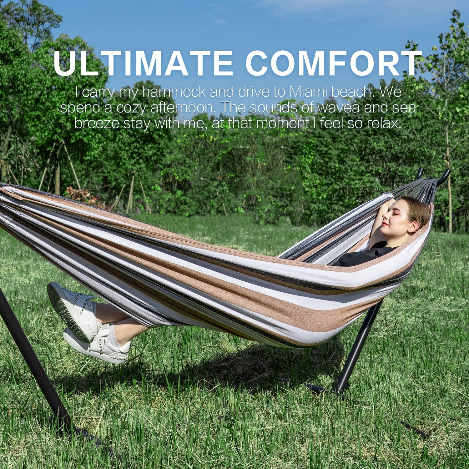 PNAEUT Double Hammock with Space Saving Steel Stand 2 Person Heavy Duty Outside Garden Yard Outdoor 450lb Capacity 2 People Standing Hammocks and Portable Carrying Bag (Coffee) : Kitchen & Dining