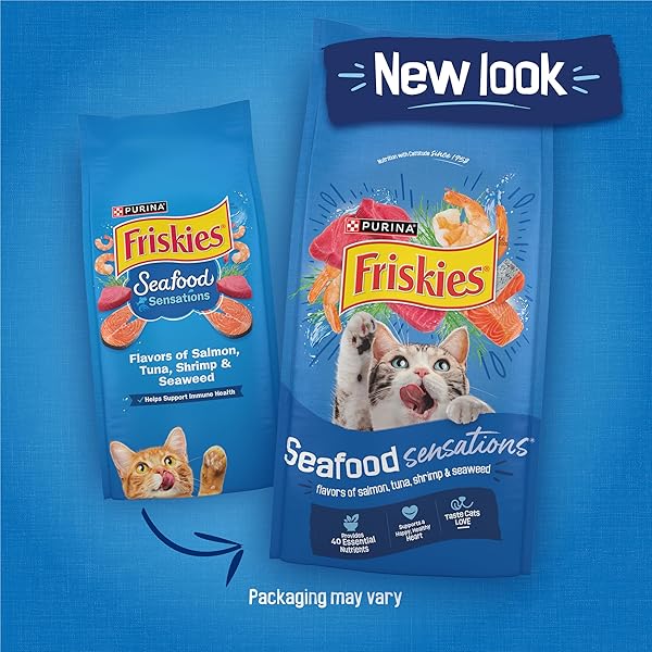 PURINA FRISKIES DRY CAT FOOD SEAFOOD SENSATIONS WITH SALMON, TUNA, AND SHRIMP FLAVORS – (PACK OF 4) 3.15 LB. BAGS