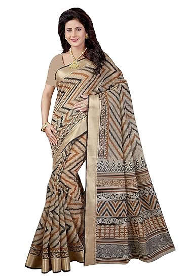 Poly Cotton Printed Saree with Blouse Piece (SKR4902_Beige)