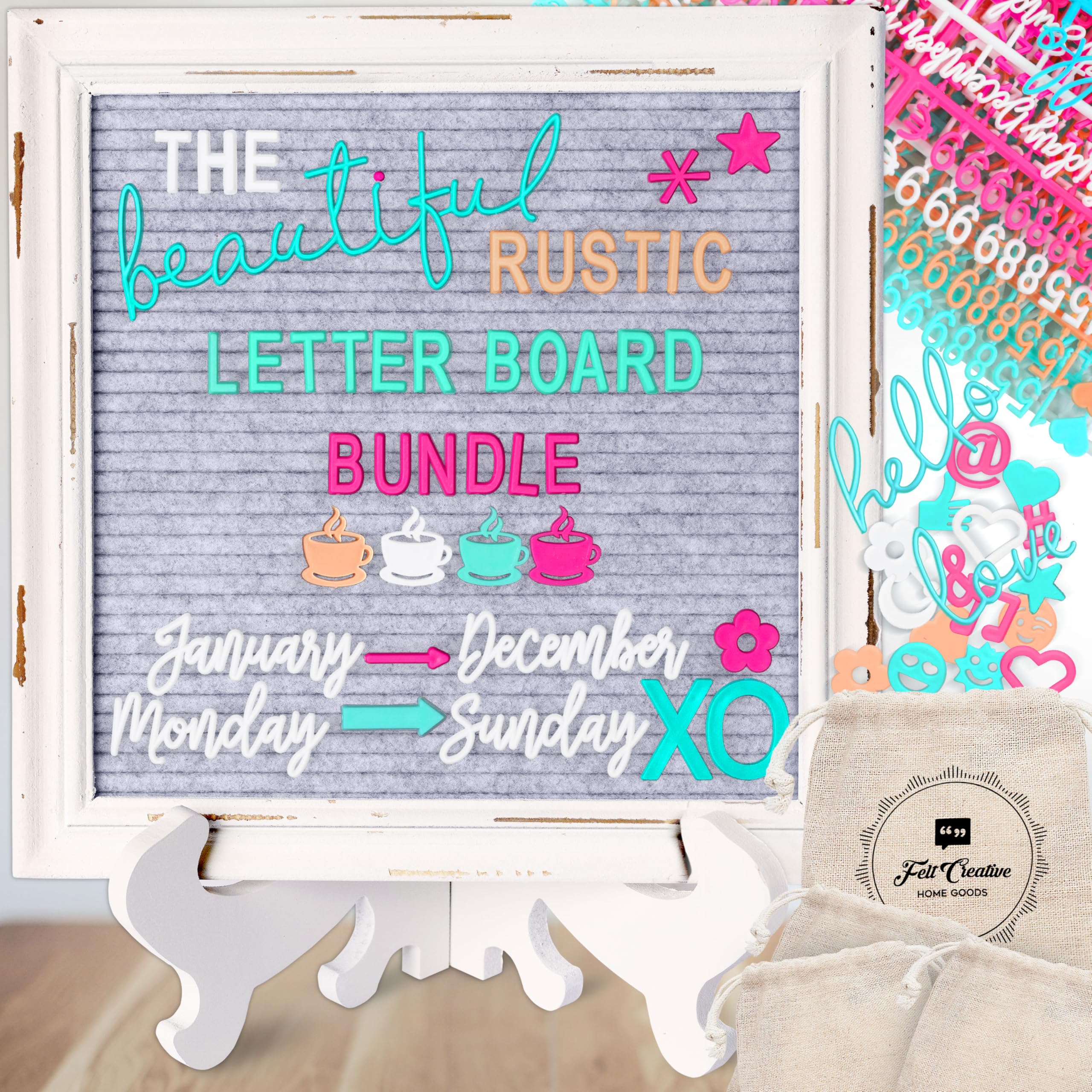 Felt Creative Home Goods Rustic Felt Letter Board Ultimate Bundle Farmhouse Vintage White Wood Frame and Stand Changeable Message Memo Board 800+ Letter Set and Custom Easel (Grey, 10x10 Inches)