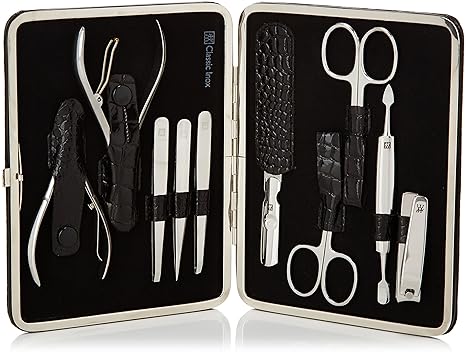 ZWILLING, Classic Inox, Etui aus schwarzem Rindleder in Kroko-Optik mit Rahmenverschluss, 10-teilig, schwarz