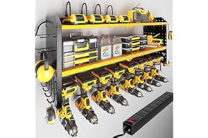KAFAHOM Power Tool Organizer with Charging Station, Built in 8 Outlet Power Strip,Large 8 Drill Holder Wall Mount, Heavy Duty Metal Power Tool Storage Rack Tool Shelf for Garage Organization Black