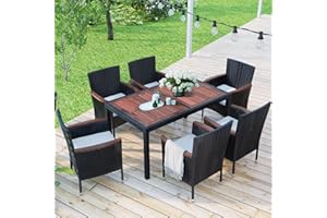 RITSU 7 Piece Outdoor Patio Set, Including 1 Wicker Dining Table and 4, Acacia Wood Tabletop, Stackable Armrest Chairs with Cushions for Poolside, Lawn, Backyard, Garden, Reddish Brown