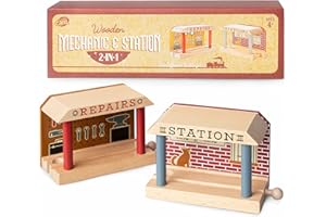 Wooden Train Track Mechanic & Station Service Building - Conductor Carl 2-in-1 Mechanic Service & Train Station for Customizing Wooden Train Track Sets