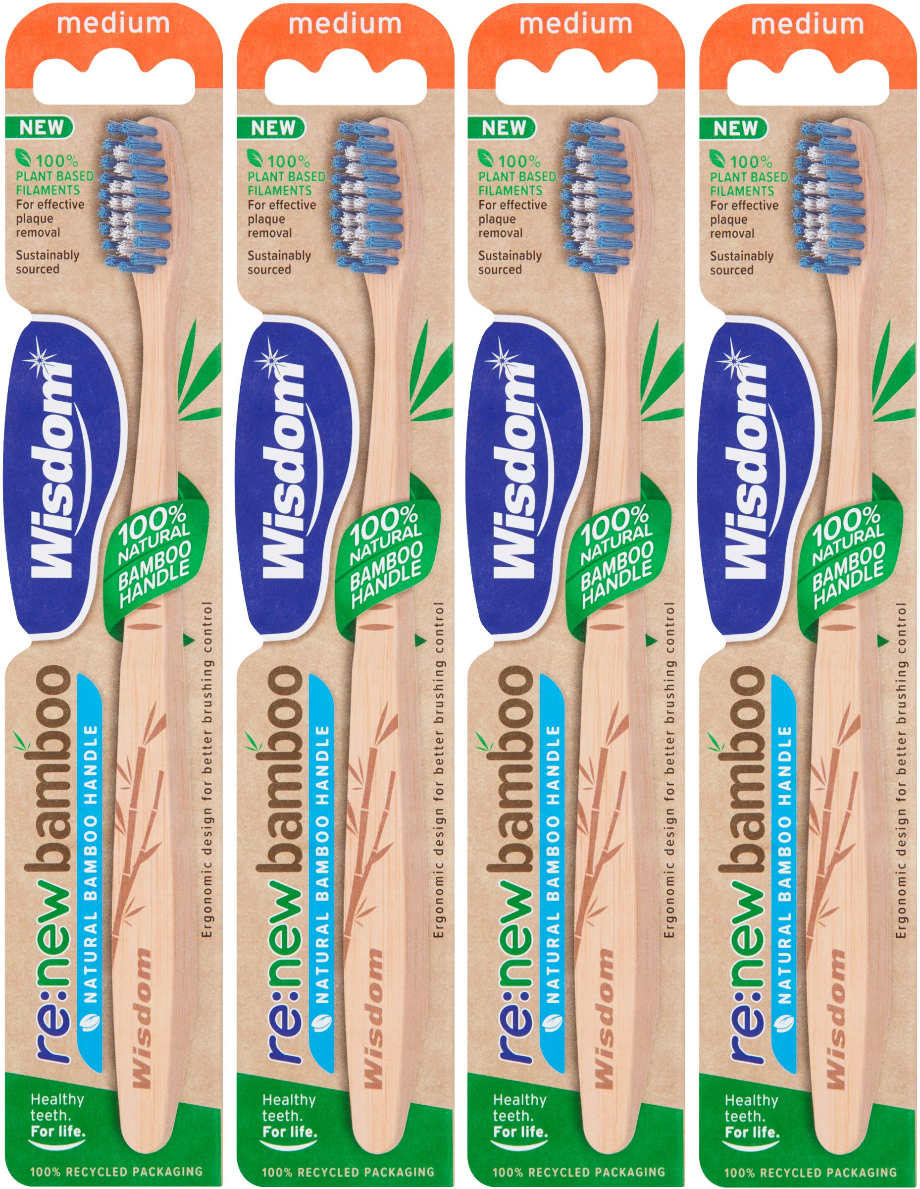 Wisdom re:New Bamboo Medium Toothbrush - Pack of 4 | Vegan | Plant-Based filaments
