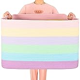MINTWOOD Design 112L Extra Large Blanket Basket Holder Living Room, 25"x17"x16" Rectangle Rope Woven Storage Basket with Handles for Laundry, Towels, Shoes, Dog Toy Organizer Bin Box, Pastel Rainbow