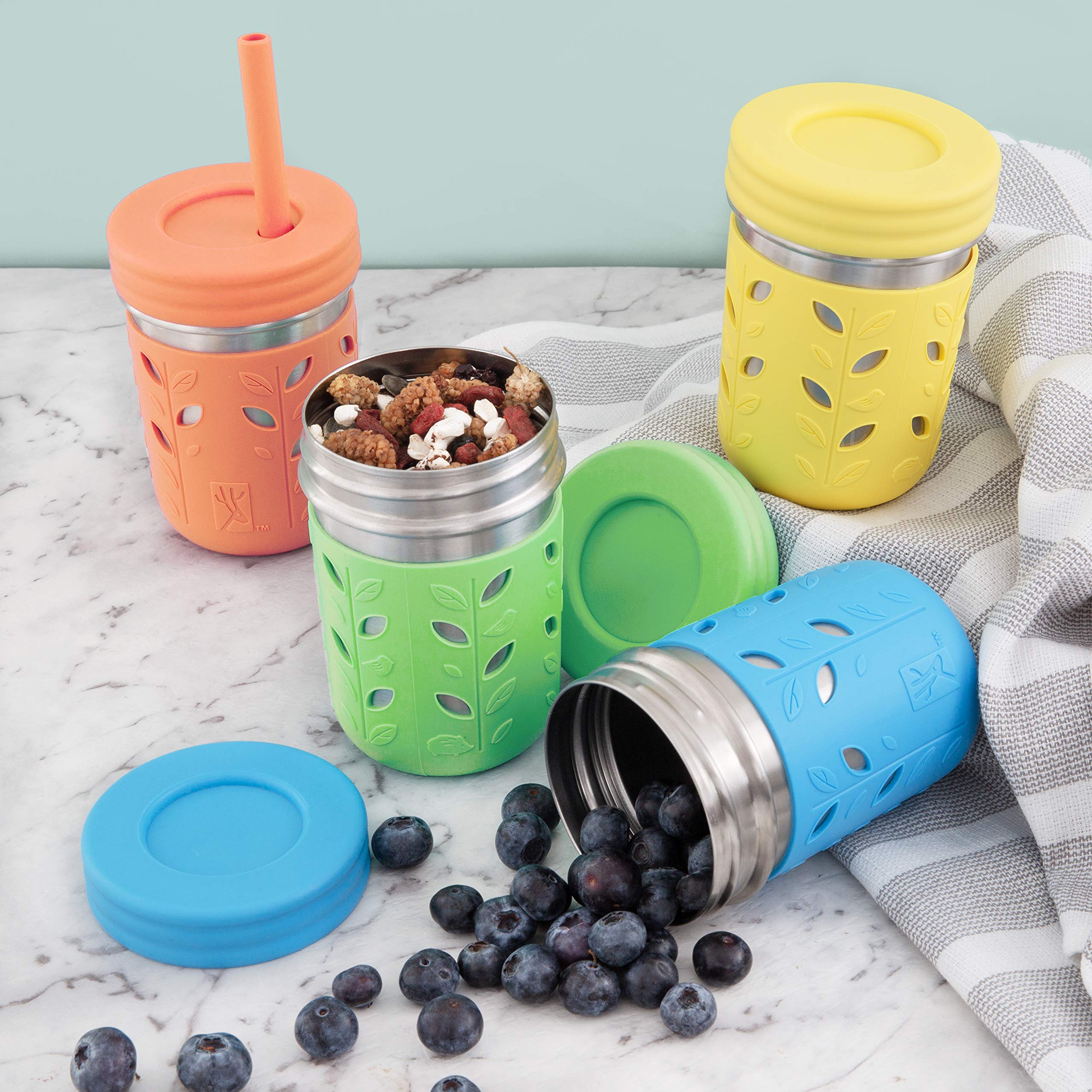 Elk and Friends 10oz Stainless Steel Kids + Toddler Drinking Cups | The Original Mason Jars with Lids + Sleeves + Straws | Smoothie Cups | Spill Resistant | Dishwasher Safe | 4 Pack