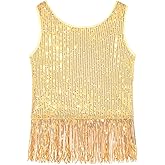 Noomelfish Girls Sequin Fringe Crop Tops Tassel Sparkly Glitter Dance Sleeveless Tank Shirt (5-12 Years)