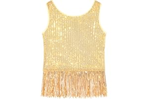 Noomelfish Girls Sequin Fringe Crop Tops Tassel Sparkly Glitter Dance Sleeveless Tank Shirt (5-12 Years)
