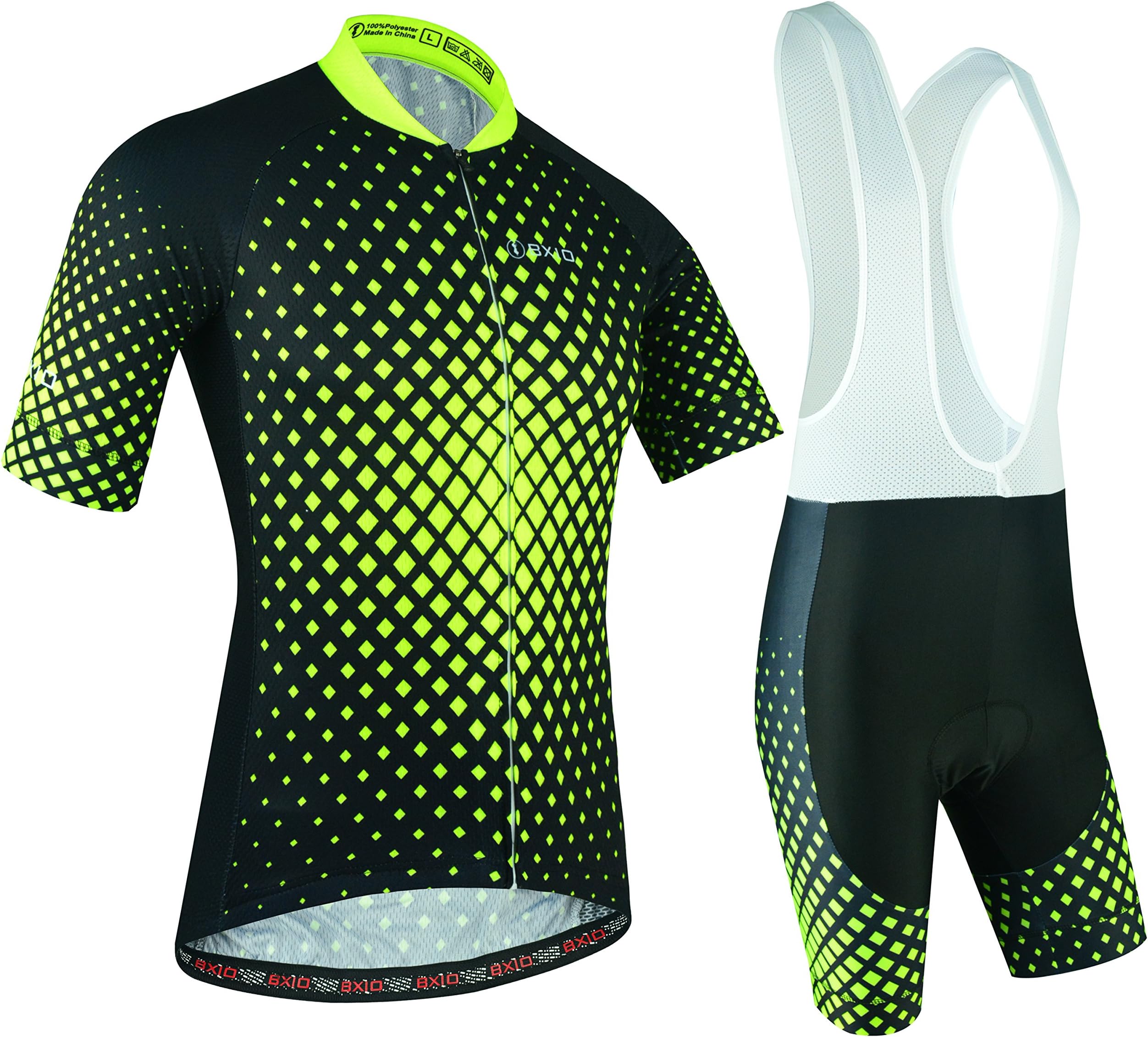 BXIO Cycling Jersey and Bib Shorts, Mens Cycling Clothing with 3 Elastic Rear Pockets, Full Zipper, Gel Pad and Anti-Slip Band for Cyclist