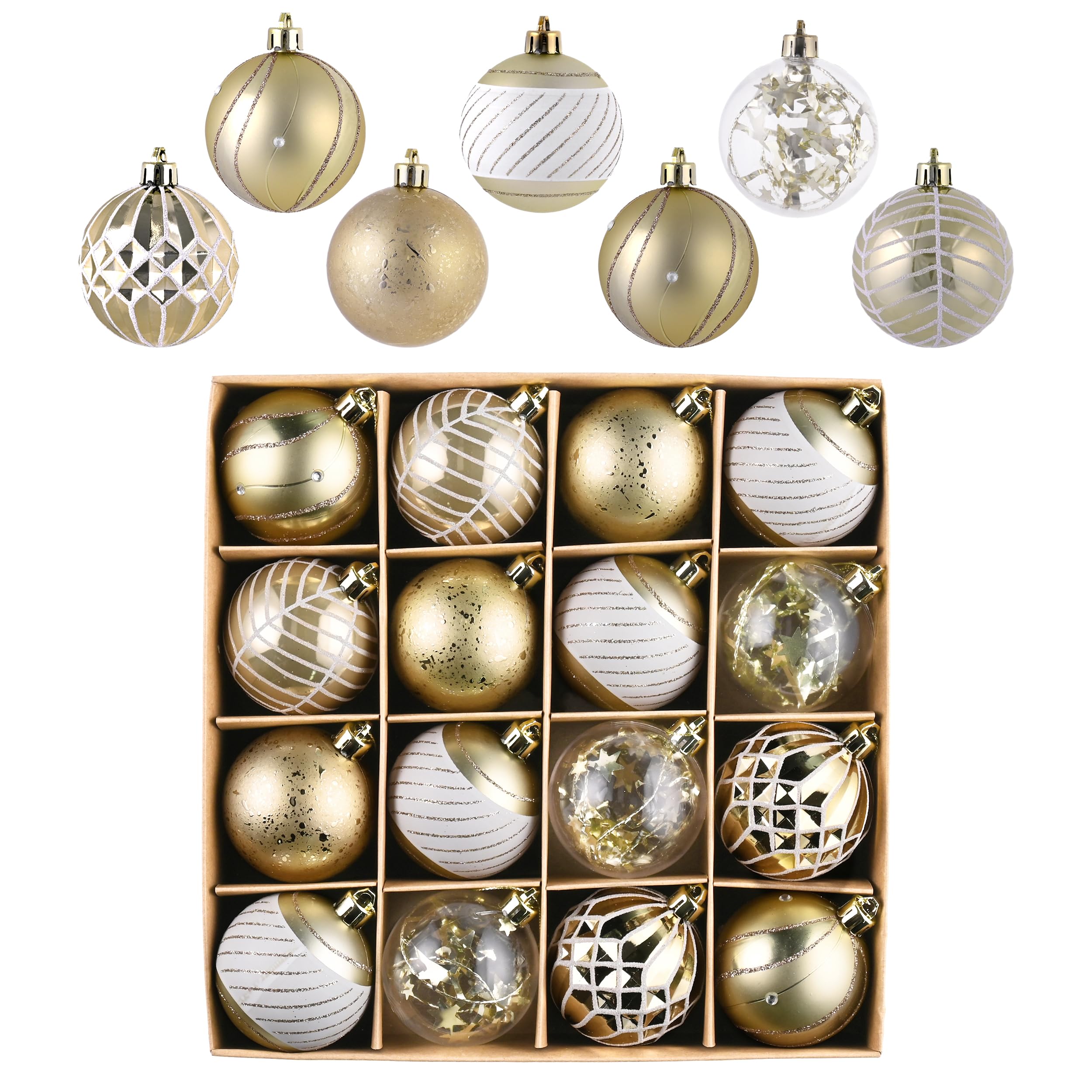 Valery Madelyn Christmas Baubles Set 16pcs 60mm, White and Gold Shatterproof Christmas Ball Ornaments for Xmas Tree Decorations
