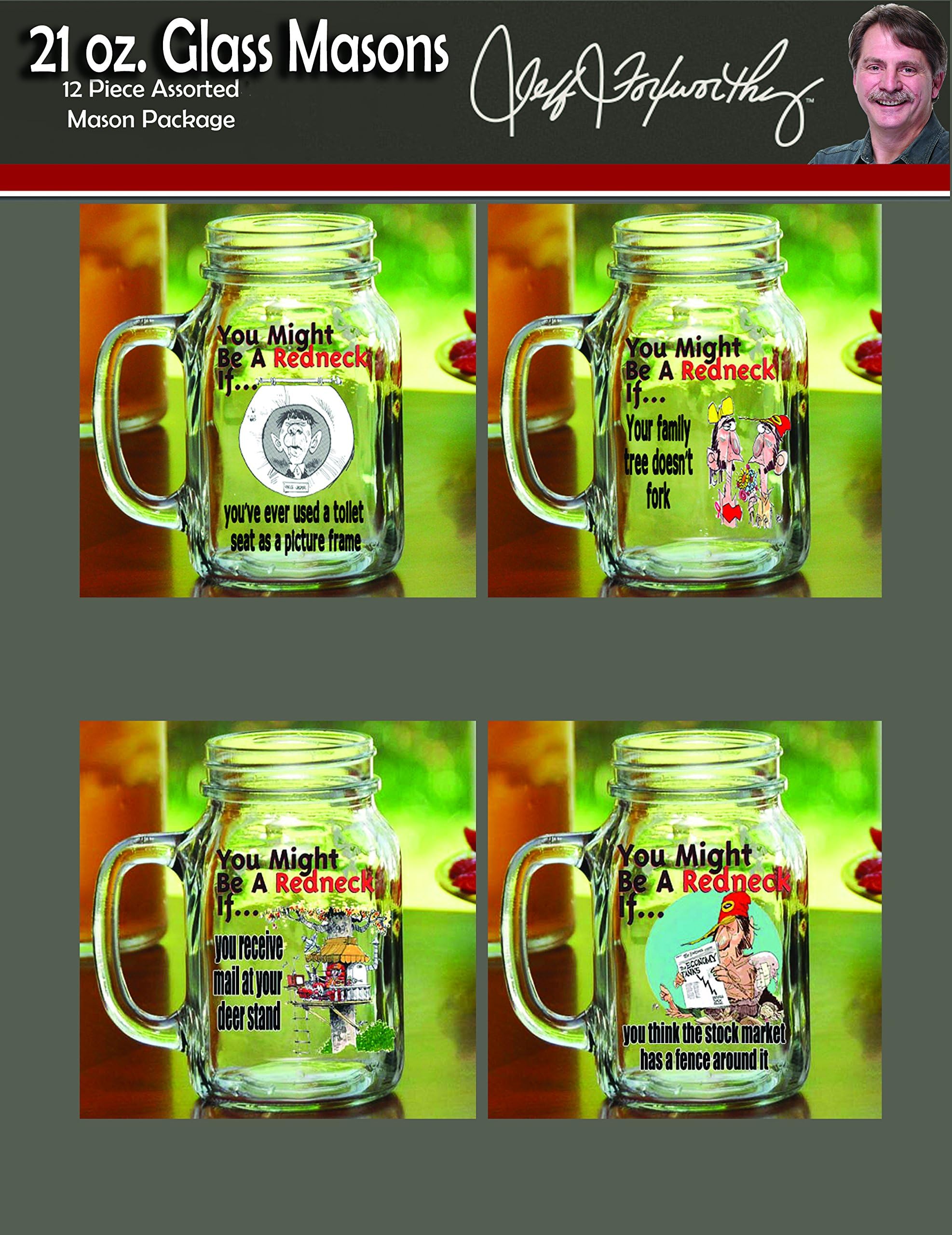 JEFF FOXWORTHY"YOU MIGHT BE A REDNECK IF" 20OZ. GLASS MASON JAR MUG - MAIL AT DEER STAND