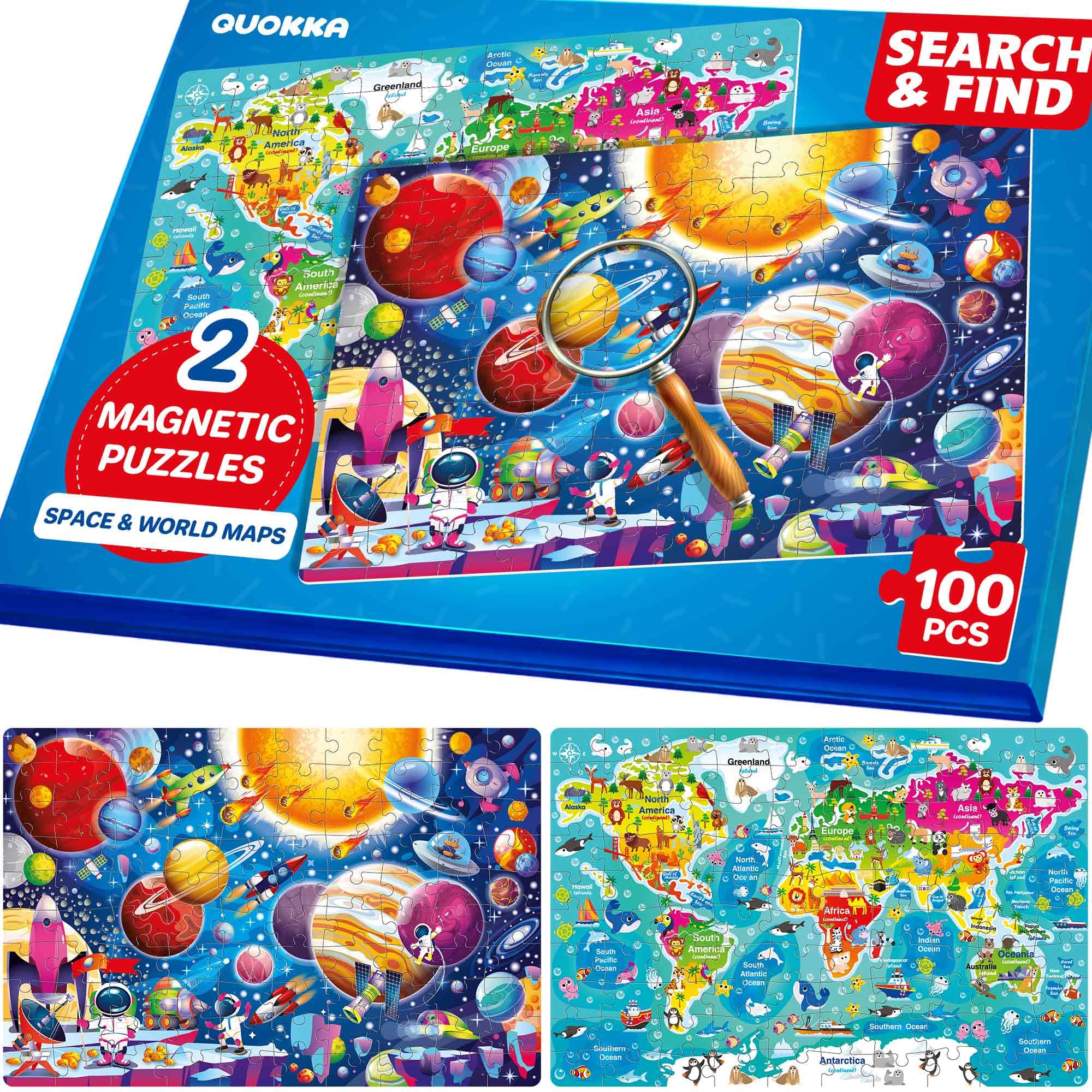 QUOKKA Magnetic Jigsaw Puzzles For 6 7 Year Olds - 2x100 PCS Kids Puzzles age 5-8 with Spot The Difference Maps - Search and Find Home and Travel Magnetic Activity Book - Space & World Maps Jigsaw โ image 1