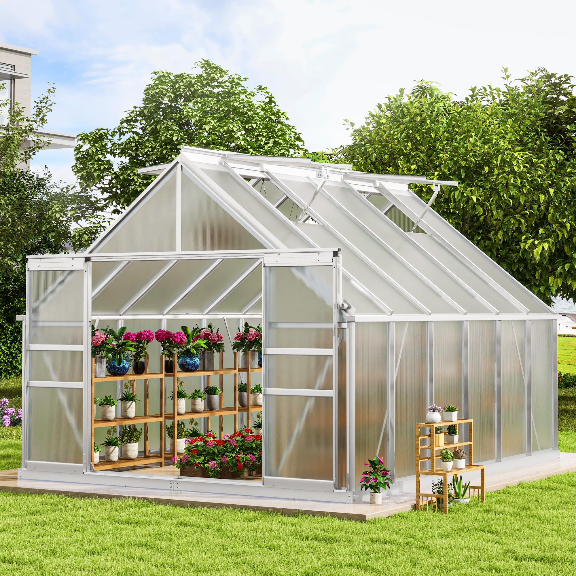 Photo 1 of ***missing box 1 & 2***DWVO 10x12FT Polycarbonate Greenhouse Heavy Duty Green Houses Outdoor Aluminum Greenhouses with Sliding Doors Vent Window Premium Walk-in Greenhouse Large Sun House for Garden Backyard, Silver