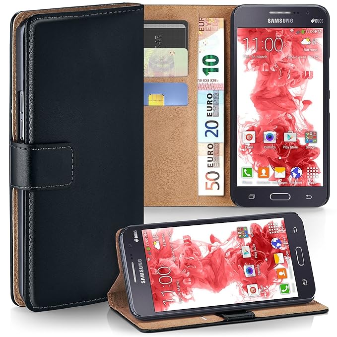 moex Samsung Galaxy Grand Prime | Hülle Schwarz mit Karten-Fach 360° Book Klapp-Hülle Handytasche Kunst-Leder Handyhülle für 