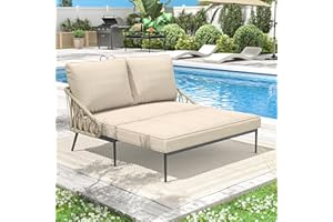 COMLAX FIELD Patio Adjustable Daybed, 2-Person Outdoor Daybed with Cushions and Pillows, Woven Rope Patio Loveseat Garden Adjustable Reclining Chaise Lounge for Lawn, Poolside, Beige
