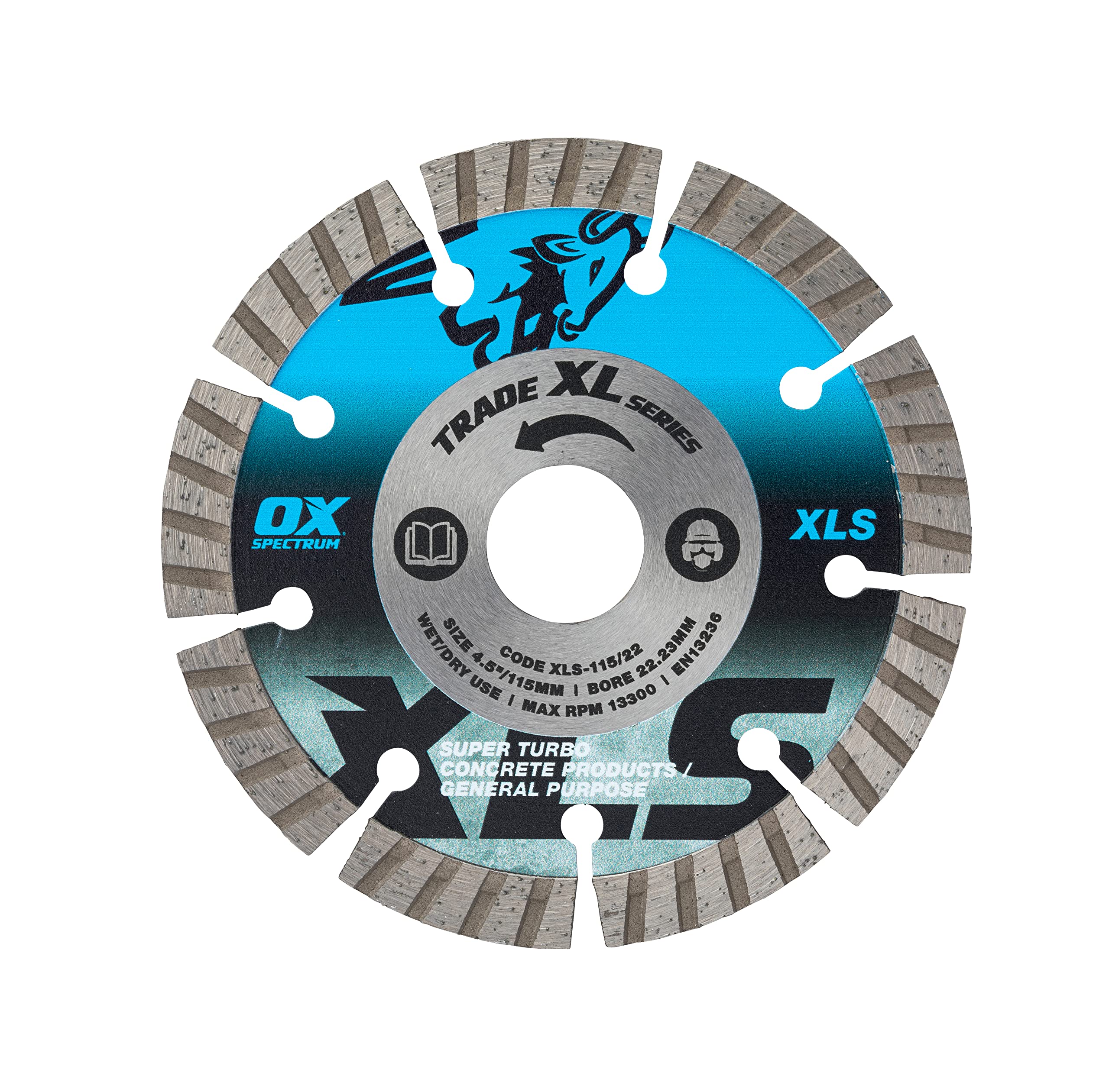 OX Tools Trade XL Super - Turbo Segmented Diamond Blade - Concrete & GP - 115/22.23mm, Blue