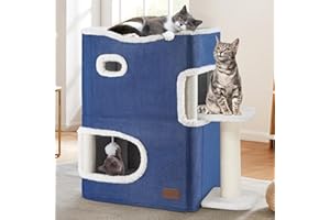 YITAHOME 2-Tier Cat House, Indoor Cat Cave Bed Playhouse, Cat Tunnels with Scratch Pad and Hideaway Cube, Cute Modern Cat Condo Furniture for Multi Small Cats, Extended (Blue)